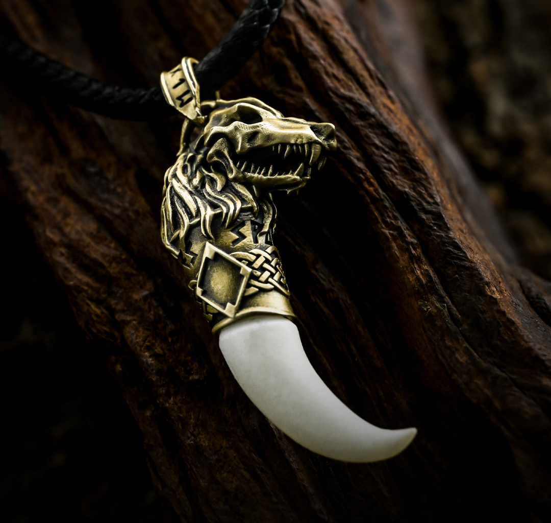 Norse Wolf Fang Pendant - Handmade Sci-Fi Amulet Necklace for Gamers & Viking Fans
