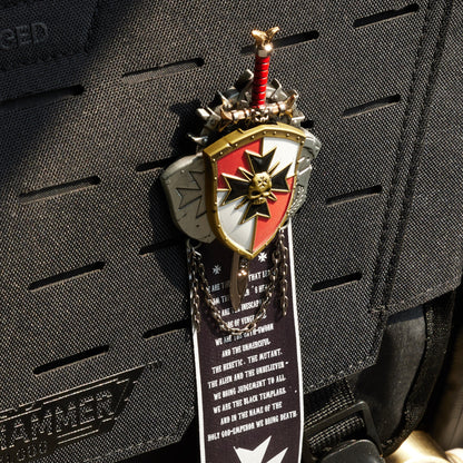 Black Templar Inspired Crusade Shield Brooch – Sword Brethren Warhammer Fan Badge | Starforged Gift Pin